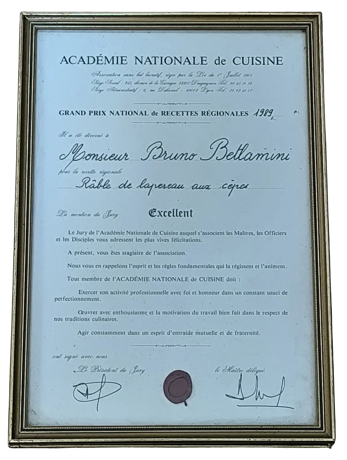 Diplôme Grand Prix National de Recettes Régionales 1989