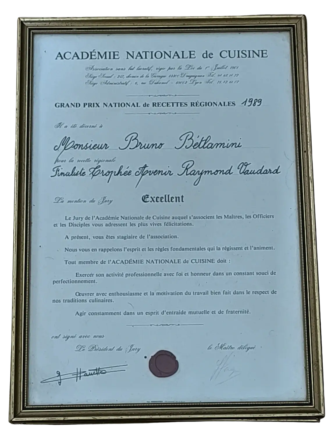 Diplôme Grand Prix National de Recettes Régionales 1989
